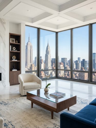A pristine, sunlit Manhattan penthouse living room with high-end marble finishes and floor-to-ceiling windows showing the city skyline, bright natural daylight, crisp architectural lines, 35mm lens