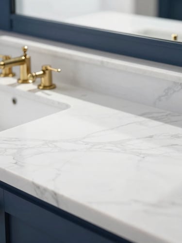 Close-up architectural photography of a polished white marble countertop with brass fixtures, bright natural daylight casting soft realistic shadows, clean white and deep blue tones, sharp focus, 35mm lens