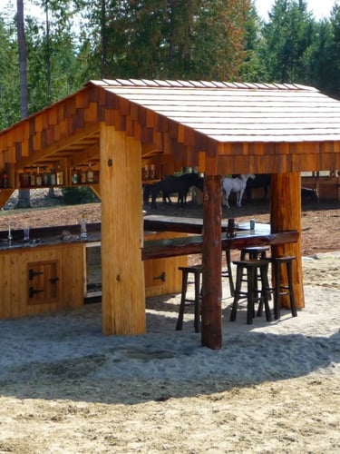 Rustic wooden outdoor tiki bar with stools, bottle shelves, and horses in the background.