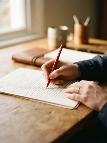 Close-up of hands editing a printed manuscript with a red pen on a warm oak desk, soft morning light from a side window, shallow depth of field, 35mm photography