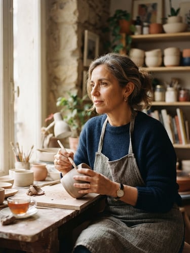 A professional, warm environmental portrait of Maricel Romero in her Madrid studio, soft window light, looking thoughtfully slightly off-camera, shallow depth of field, 35mm