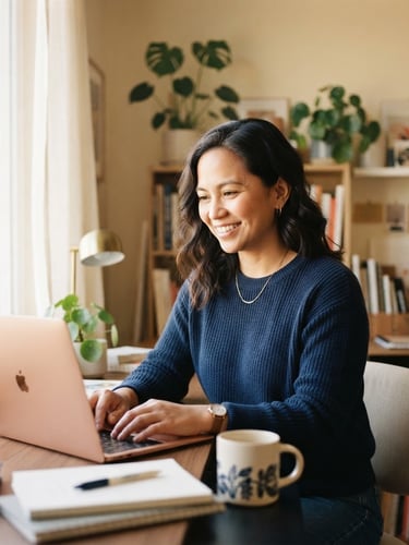 A professional environmental portrait of a female copywriter, Maricel, in a warm cream-toned studio, soft window light, shallow depth of field, 35mm editorial photography.