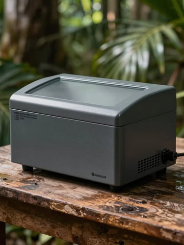 Macro close-up of a ruggedized charcoal-grey PCR thermal cycler operating on a weathered wooden table inside a humid tropical field station, high-contrast directional natural light.