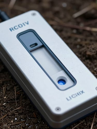 Close-up portrait of the portable PCR thermal cycler chassis resting on damp soil, metallic casing reflecting cold ambient light