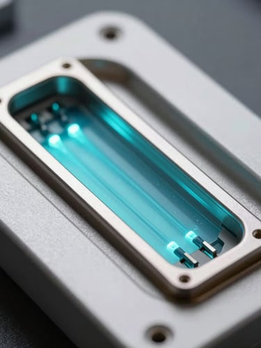 Extreme macro close-up of the PCR optical deck cartridge chamber, high-visibility electric cyan light emitting from the fluorophore detection channels.