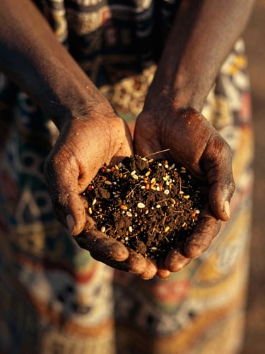 Macro shot of a South Sudanese woman's hands carefully holding a handful of dark, rich soil mixed with native acacia seeds, warm golden-hour light casting long shadows.