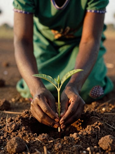 A South Sudanese woman in a green wrap planting a native acacia seedling in rich dark soil, golden hour sunlight highlighting her hands, close-up environmental portrait, shallow depth of field