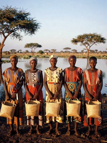 A wide environmental portrait of South Sudanese women standing together in the Sudd wetlands during the golden hour. They hold hand-woven seed baskets, with the vast, reflective waters and acacia trees in the background. Warm, natural documentary photography style, high-contrast shadows.