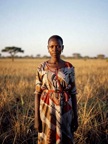 A wide environmental portrait of a South Sudanese woman leader standing in the golden-hour light of the Sudd wetlands, looking forward with quiet strength, high-contrast shadows, 35mm film.
