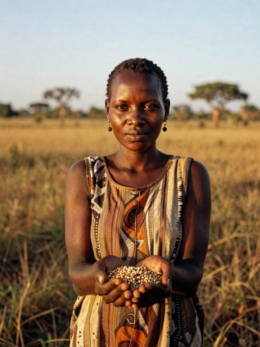 A South Sudanese woman leader in warm, golden-hour sunlight, holding indigenous seeds in her hands, vast Sudd wetlands stretching into the background.