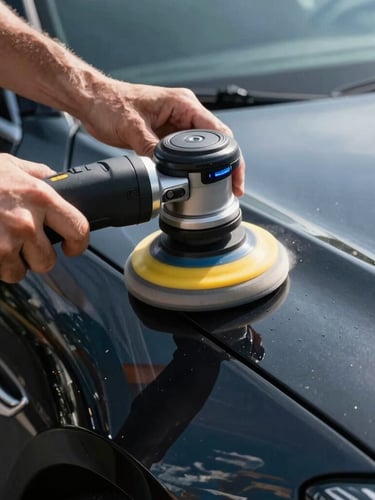 Close-up of hands operating a dual-action polisher on a car's paint, showing the pad working on a reflection line, crisp LED light, high-contrast, 50mm lens.
