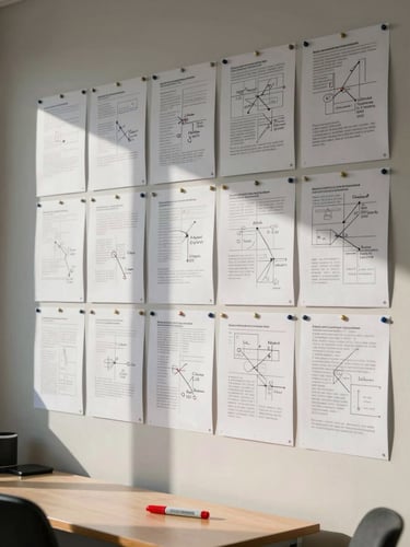 Wide shot of a studio wall covered in hand-annotated strategy documents and brand positioning maps, natural north-facing daylight casting clean flat shadows, papers pinned edge-to-edge, no people visible, a single red marker resting on the table below
