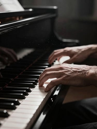Tight macro shot of hands playing a black grand piano, dramatic side lighting, dust motes in light beams, sheet music visible in soft focus, moody monochrome tones.