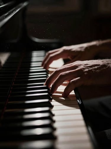 Tight macro shot of hands playing a grand piano in deep shadow, dramatic chiaroscuro lighting, dust motes in a single shaft of light, 35mm anamorphic lens.