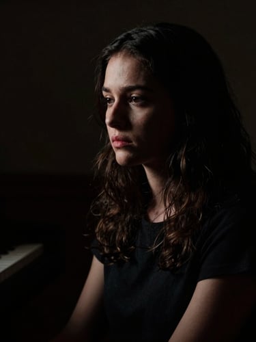 Moody cinematic portrait of Eliana in low light, dramatic chiaroscuro lighting, deep shadows, 35mm anamorphic lens, looking thoughtful beside a piano.