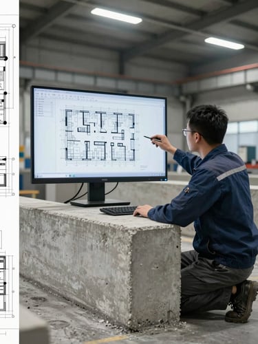 Wide shot inside a precast concrete factory, a technician reviewing CAD drawings on a large monitor mounted beside a freshly cast concrete beam, industrial fluorescent lighting overhead, technical blueprint overlay faintly visible on the left edge of the frame