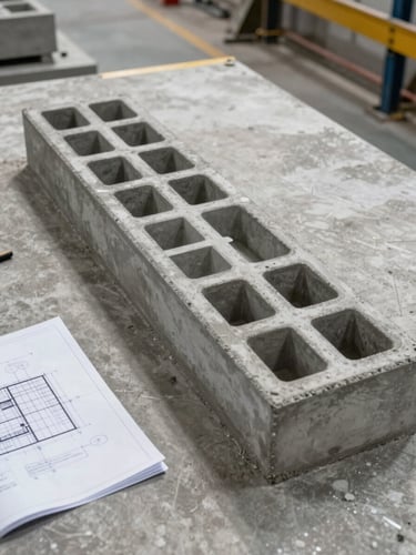 Overhead documentation shot of a precast concrete form layout on the factory floor, engineer's technical drawing partially visible alongside, bright overhead industrial lighting, concrete surface texture sharp