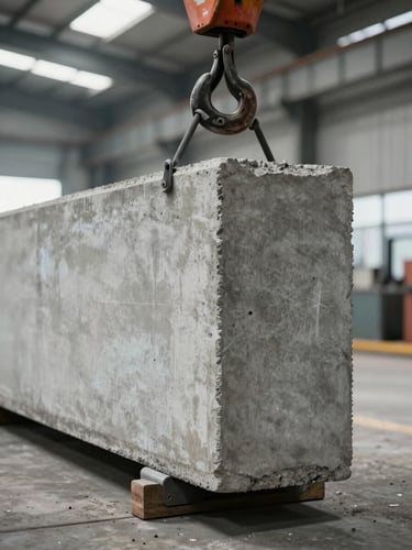 Tight framing of a precast concrete beam being demoulded on the factory floor, industrial crane hook visible at top, bright fluorescent lighting, raw concrete surface texture sharp in detail