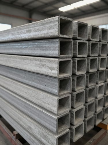 Close-up wide shot of stacked precast concrete beams in a manufacturing yard, rows of uniform structural elements receding into depth, industrial fluorescent lighting overhead, sharp surface texture visible on cut ends, no people