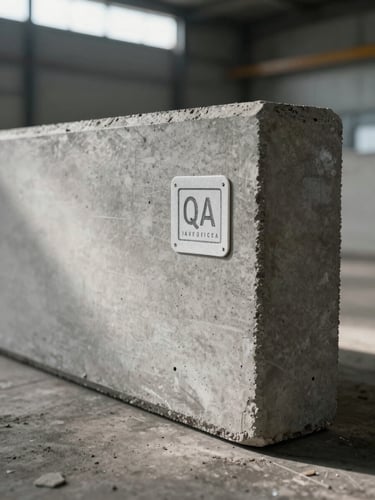 Tight detail shot of a finished precast concrete beam surface with a stamped QA inspection tag attached, factory floor in background slightly out of focus, industrial fluorescent light raking across the concrete texture