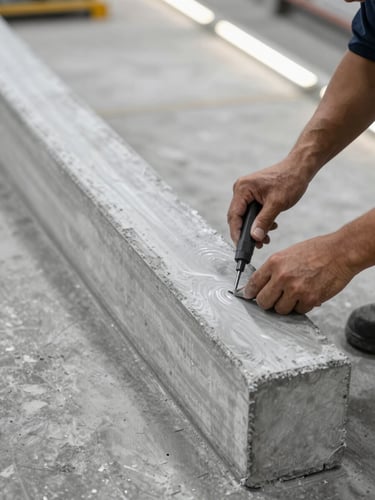 Overhead tight shot of precast concrete beam being finished on a factory floor, smooth formwork surface, worker's hands operating precision tools at the edge of the element, bright industrial fluorescent light, no faces visible
