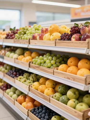 A clean, organized supermarket aisle with neatly stacked wooden crates of seasonal fruit under soft morning daylight