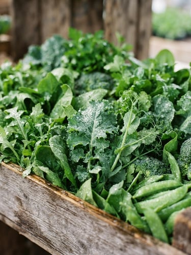 A close-up of vibrant, wet-misted green vegetables in a wooden crate, soft morning daylight, shallow depth of field