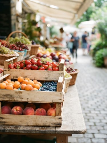 Bright natural daylight photo of neatly stacked wooden crates of seasonal fruit at a clean market entrance, shallow depth of field, 35mm