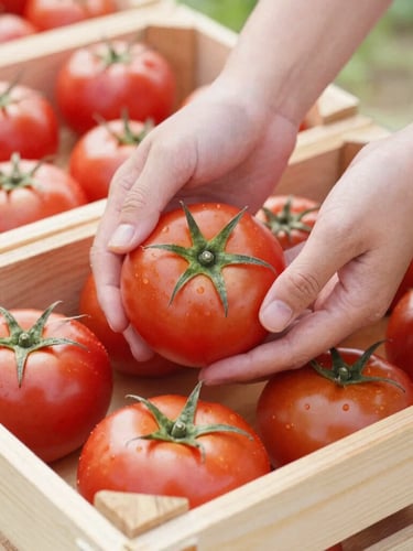 Medium close-up of hands carefully selecting fresh, bright red tomatoes from a neatly stacked wooden crate, soft morning daylight, 35mm