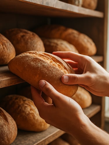 Hands selecting fresh, warm-toned bread from a rustic wooden bakery shelf, bright natural daylight, 35mm