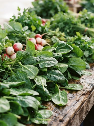 Close-up of vibrant, wet-misted green spinach leaves and crisp vegetables on a rustic wooden display, soft morning daylight, 35mm