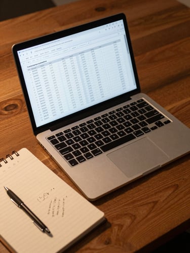 Overhead shot of a laptop on a wooden desk displaying a commission breakdown spreadsheet, a notepad with handwritten figures beside it, soft studio lighting with no glare, warm ambient tone, no person visible — data as the subject
