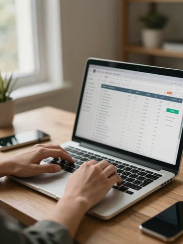 Close environmental shot of a creator at a home-office desk, hands resting on a laptop keyboard, earnings dashboard visible on screen, soft north-facing daylight from a window to the left, warm tones, captured mid-work not posed