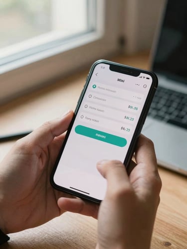 Close-up of a phone screen held in hands showing a transaction confirmation and payout amount in rupees, soft north-facing window light, warm skin tones, blurred desk background, captured candidly not staged