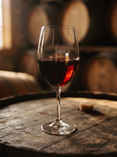 Close-up of a wine glass reflecting soft golden-hour morning light, dark textured oak barrel in the background, warm editorial photography, 35mm