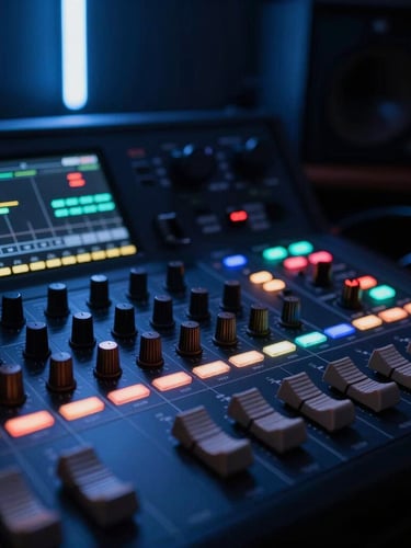 Low-key ambient studio lighting, close-up of a color grading console with glowing dials, deep slate tones, sharp focus, 35mm lens.