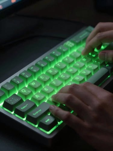 Moody studio photography, close-up of hands on a mechanical keyboard with neon green keycaps, low-key ambient screen glow, dark high-contrast tones, shallow depth of field.