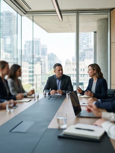 Bright editorial photography, clean corporate office setting, natural window light, modern architectural boardroom with glass walls, slate tones, shallow depth of field, 21:9 framing.