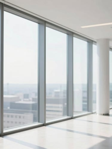 A modern architectural office space with bright natural high-key window light, soft shadows, pristine minimalist corporate setting.
