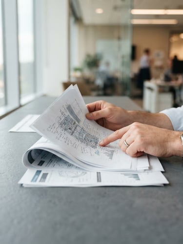 A professional close-up of hands reviewing physical strategy documents on a clean slate gray desk, natural window light, shallow depth of field.