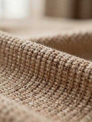 Extreme close-up of high-quality woven fabric texture, warm beige and chocolate brown threads, soft natural side lighting, shallow depth of field showing the premium textile fibers.