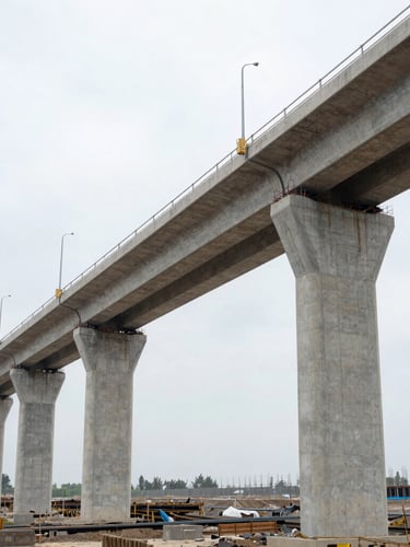 Wide-angle environmental shot of heavy infrastructure under construction, massive concrete viaduct pillars stretching into a low horizon, overcast natural daylight.