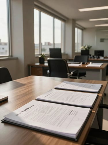 Wide documentary interior of a working financial office in Foz do Iguaçu — desks with open contract folders and printed spreadsheets under natural daylight streaming through large windows, left side of frame open with architectural columns visible, warm morning light casting soft shadows across the surface