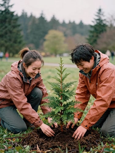 Candid shot of two volunteers in rain jackets laughing while planting a cedar sapling in a muddy park, soft overcast Washington daylight, warm mossy tones, 35mm film style.