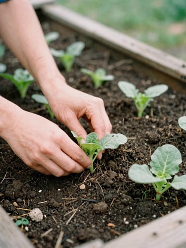 Close-up of hands in rich dark soil planting young vegetable starts in a wooden raised bed, soft overcast Washington daylight, 35mm film