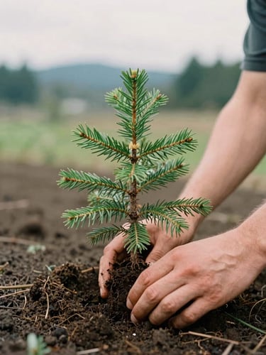 Close-up of hands planting a young evergreen sapling in rich dark soil, soft overcast Pacific Northwest daylight, warm editorial style, 35mm film