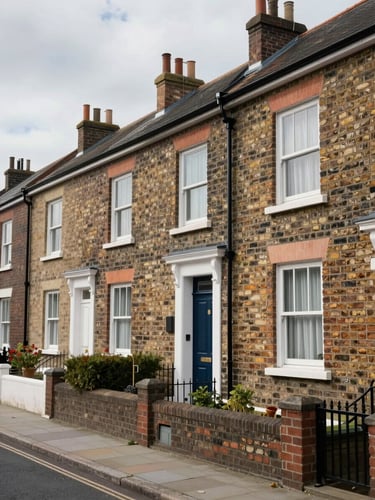 Dignified architectural exterior of terraced brick houses in a clean UK neighborhood, soft overcast daylight, wide-angle realistic perspective.