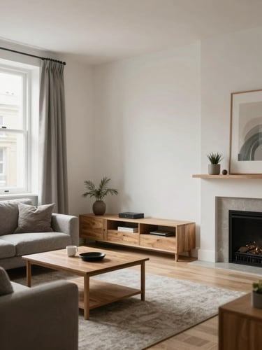 A clean, naturally lit modern apartment interior in London, showing a tidy living space with neutral decor and structured wooden furniture, soft overcast daylight.