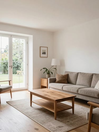 Wide-angle interior of a bright, modern UK living room with clean walls, natural light from a large window, and simple, dignified wooden furniture.
