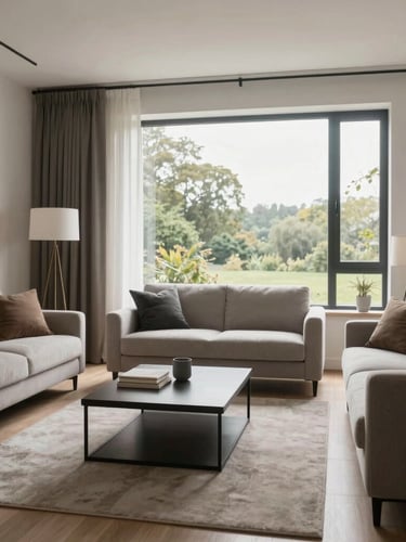 Dignified interior of a modern, clean UK living room, natural soft lighting through a large window, minimalist furniture, realistic home environment.